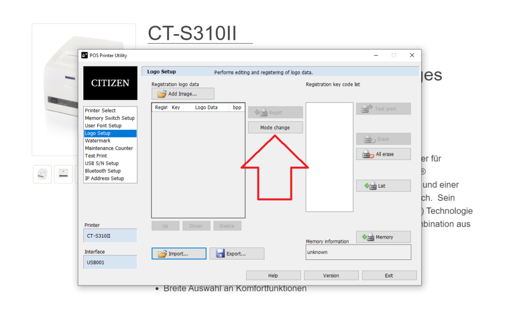 Citizen POS Printer Utility 2 Key Mode wechseln