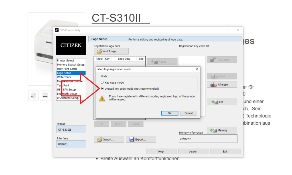 Citizen POS Printer Utility 2 Key Mode ändern