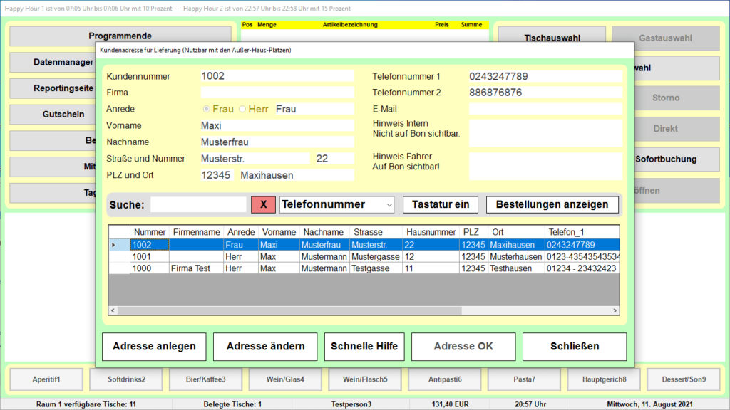 Bistro-Cash Kassensoftware Lieferadressen