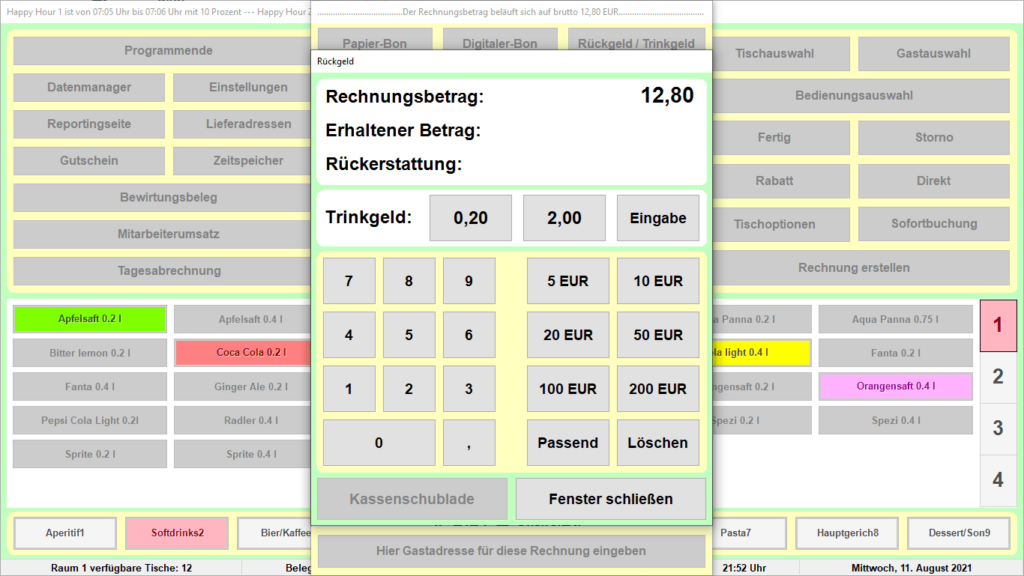 Bistro-Cash-Kassensoftware Trinkgeld erfassen