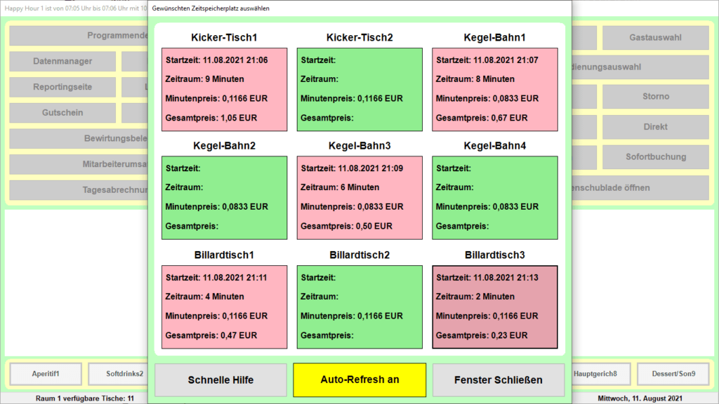 Bistro-Cash Kassensoftware Zeitabhängige Speicherplätze